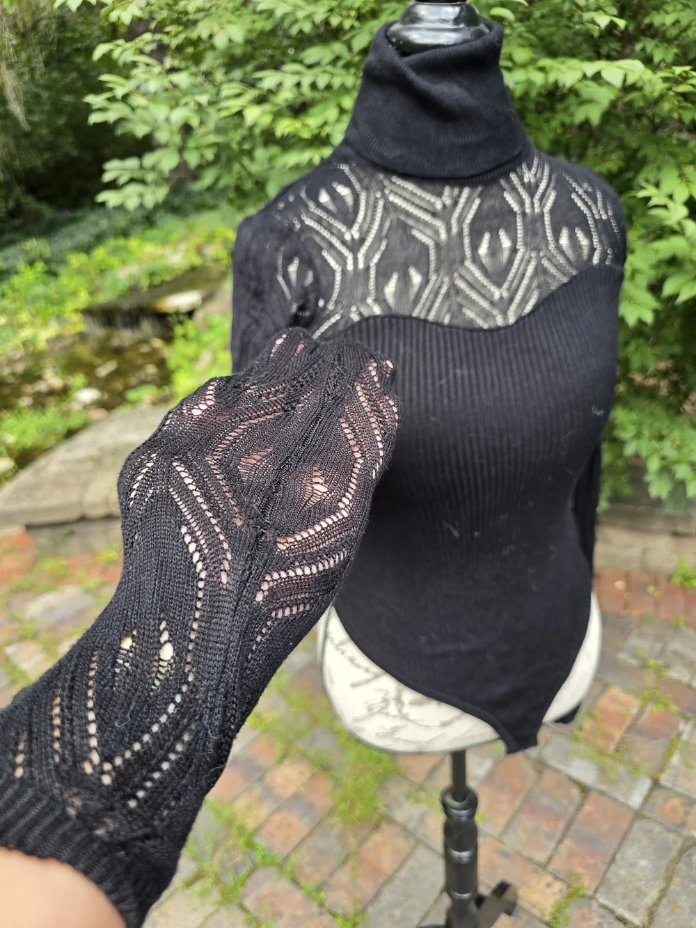 Free People Black Pretty In Pointelle Ribbed Lace-Yoke Turtleneck Bodysuit